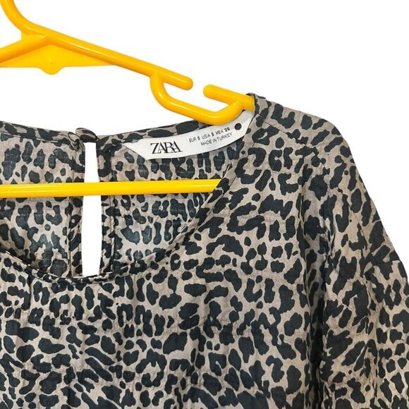 Zara Black & White Leopard Print Long-Sleeve Tiered Midi Dress size small - Picture 2 of 7